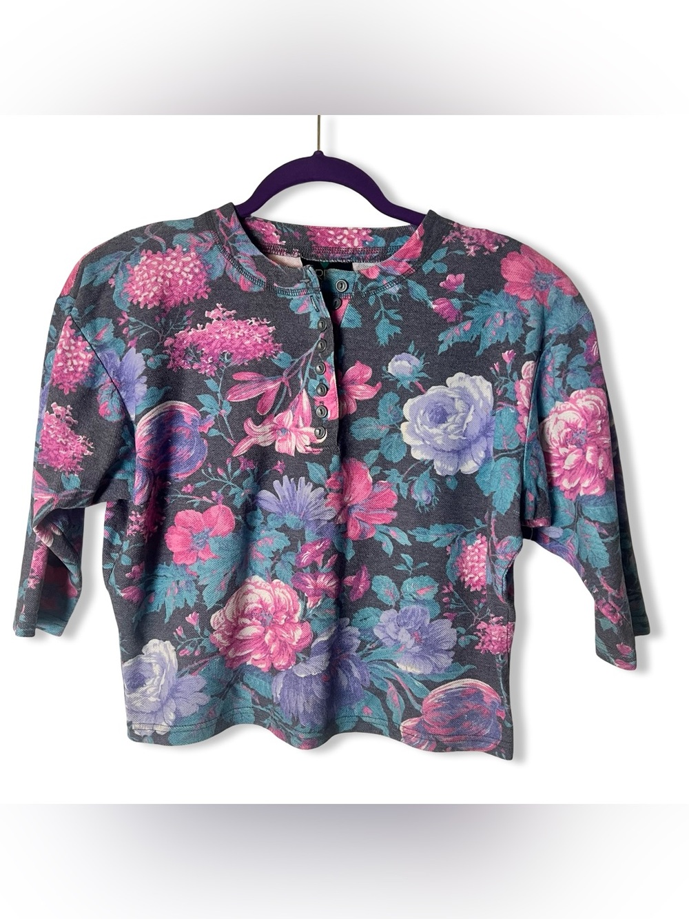 Fritzi Of California Women’s VTG 80s Floral Cropped Henley Top 3/4 Sleeves Sz S